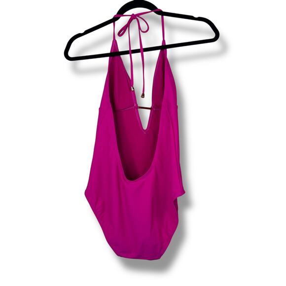 Ted Baker London NWT Fuchsia Low V Plunge Open Back One-Piece Halter Swimsuit - Picture 6 of 9